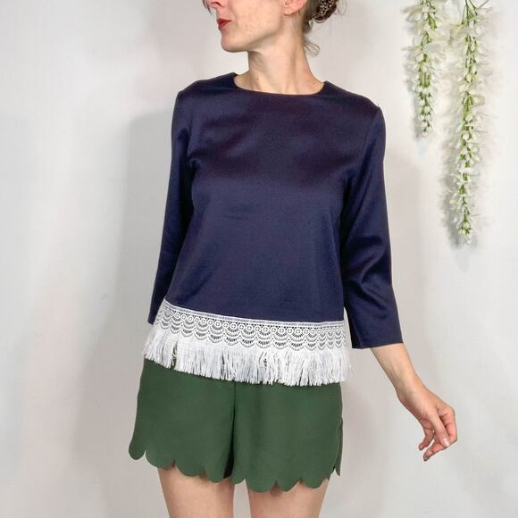 English Factory Tops - NWT ENGLISH FACTORY satin blouse fringe tassel navy long sleeve flapper 2266